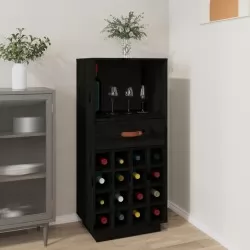 Шкаф за вино, черен, 45x34x100 см, борово дърво масив