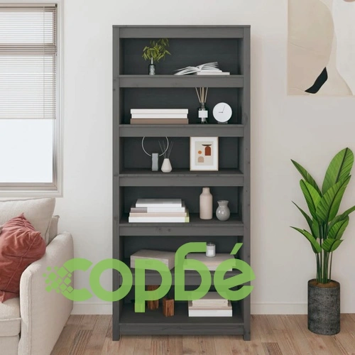 Библиотека, сива, 80x35x183 см, бор масив ➤ топ цена ➤ sorbe.bg