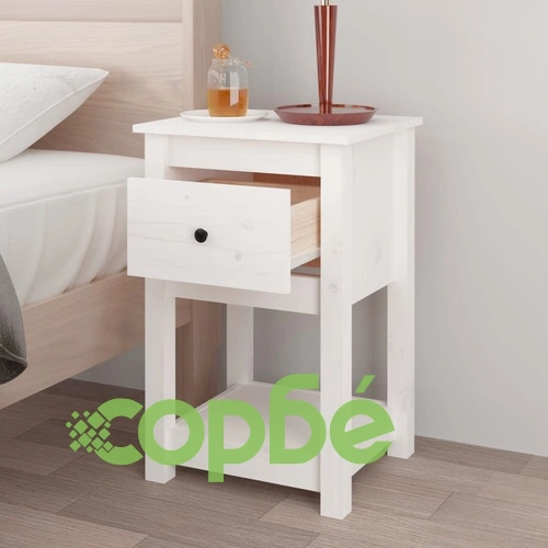 Нощно шкафче, бяло, 40x35x61,5 см, борово дърво масив ➤ топ цена ➤ sorbe.bg