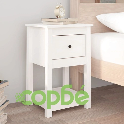 Нощно шкафче, бяло, 40x35x61,5 см, борово дърво масив ➤ топ цена ➤ sorbe.bg