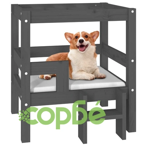 Кучешко легло, Сиво, 55,5x53,5x60 см, борова дървесина масив ➤ топ цена ➤ sorbe.bg