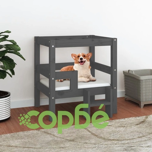 Кучешко легло, Сиво, 55,5x53,5x60 см, борова дървесина масив ➤ топ цена ➤ sorbe.bg