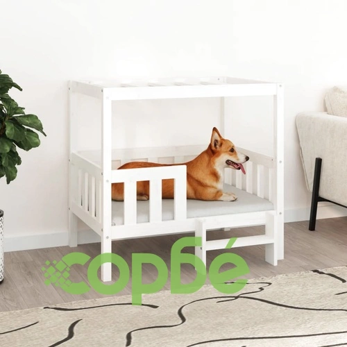 Кучешко легло, бяло, 95,5x73,5x90 см, борова дървесина масив ➤ топ цена ➤ sorbe.bg