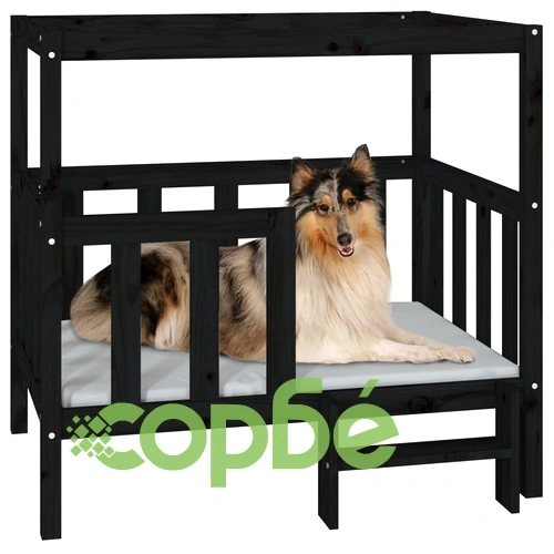 Кучешко легло, черно, 105,5x83,5x100 см, борова дървесина масив ➤ топ цена ➤ sorbe.bg