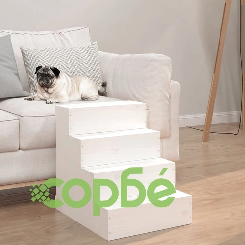 Стълба за домашни любимци, бяла, 40x49x47 см, бор масив ➤ топ цена ➤ sorbe.bg