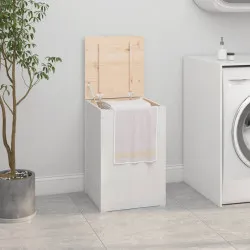 Кутия за пране, бяла, 44x44x66 см, борово дърво масив