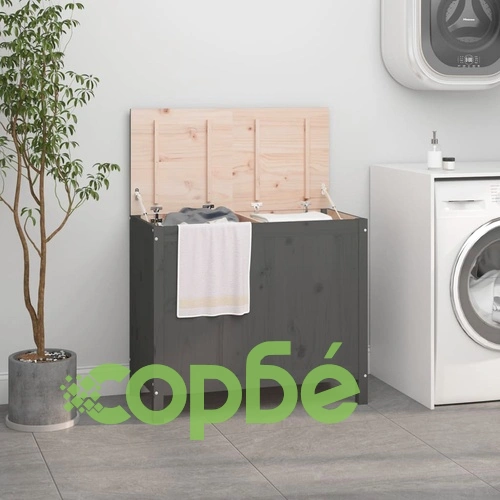 Кутия за пране, сива, 88,5x44x76 см, борово дърво масив ➤ топ цена ➤ sorbe.bg