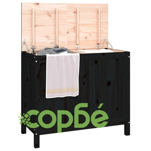Кутия за пране, черна, 88,5x44x76 см, борово дърво масив ➤ топ цена ➤ sorbe.bg
