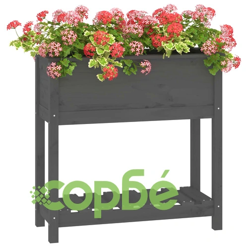 Плантер с рафт, сив, 82,5x34,5x81 см, борово дърво масив ➤ топ цена ➤ sorbe.bg