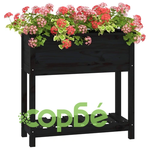 Плантер с рафт, черен, 82,5x34,5x81 см, борово дърво масив ➤ топ цена ➤ sorbe.bg