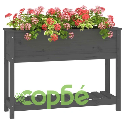 Плантер с рафт, сив, 111,5x34,5x81 см, борово дърво масив ➤ топ цена ➤ sorbe.bg