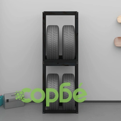 Стелаж за гуми, черен, 63x40x180 см, борово дърво масив ➤ топ цена ➤ sorbe.bg