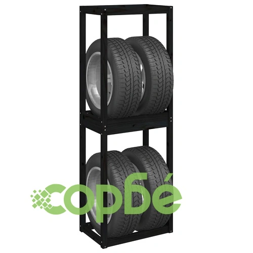 Стелаж за гуми, черен, 63x40x180 см, борово дърво масив ➤ топ цена ➤ sorbe.bg