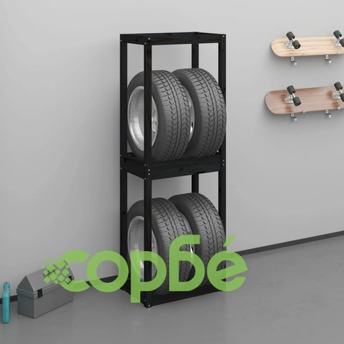 Стелаж за гуми, черен, 63x40x180 см, борово дърво масив ➤ топ цена ➤ sorbe.bg