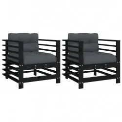 Градински столове с възглавници, 2 бр, черни, бор масив