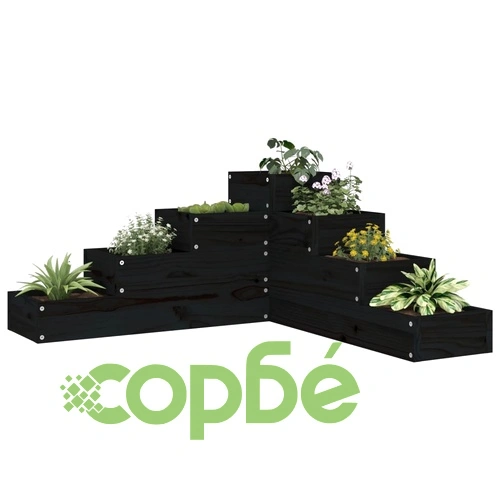 Градинска кашпа 4 нива 80,5x79x36 см черна борово дърво масив ➤ топ цена ➤ sorbe.bg