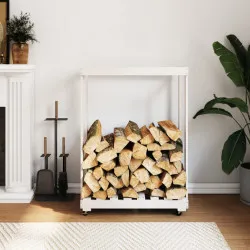 Поставка за дърва с колелца, бяла, 76,5x40x108 см, бор масив