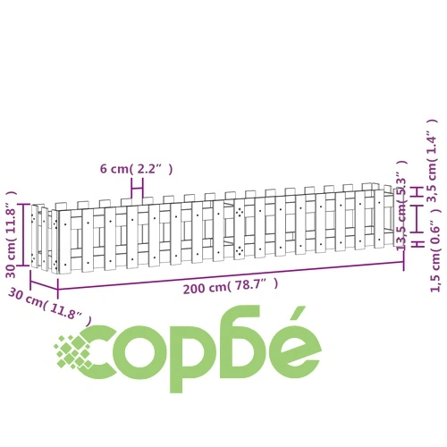 Градинска леха с дизайн на ограда бяла 200x30x30 см бор масив ➤ топ цена ➤ sorbe.bg
