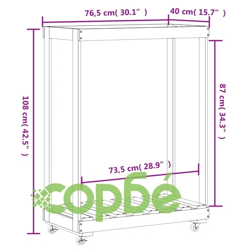 Поставка за дърва с колелца, черна, 76,5x40x108 см, бор масив ➤ топ цена ➤ sorbe.bg