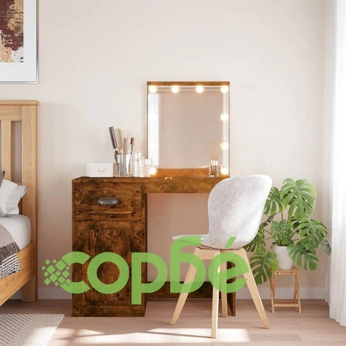Тоалетка с LED лампи, опушен дъб, 90x42x132,5 см ➤ топ цена ➤ sorbe.bg