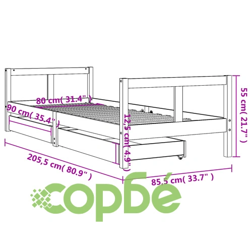 Рамка за детско легло с чекмеджета, бяла, 80x200 см, чам масив ➤ топ цена ➤ sorbe.bg