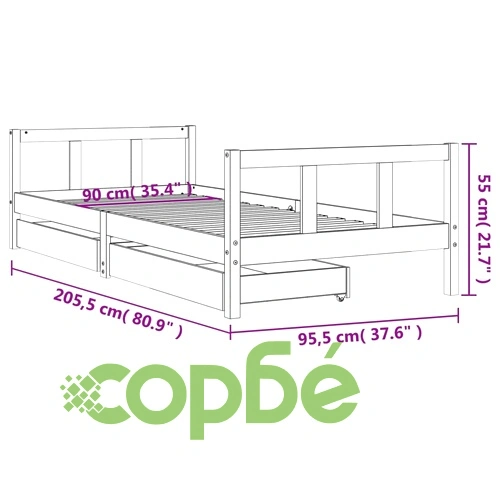 Рамка за детско легло с чекмеджета, бяла, 90x200 см, бор масив ➤ топ цена ➤ sorbe.bg