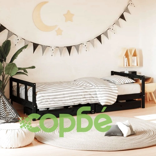 Рамка за детско легло с чекмеджета черна 90x200 см бор масив ➤ топ цена ➤ sorbe.bg