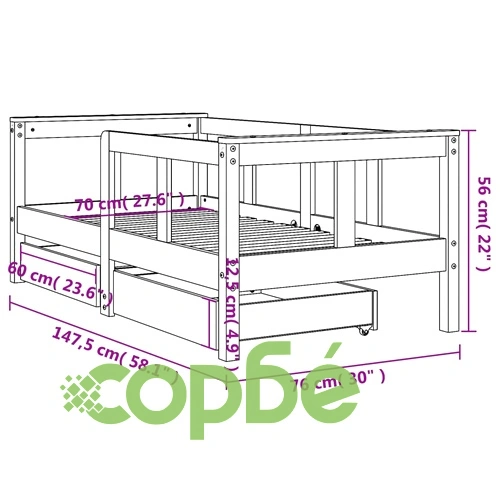 Рамка за детско легло с чекмеджета, бяла, 70x140 см, бор масив ➤ топ цена ➤ sorbe.bg