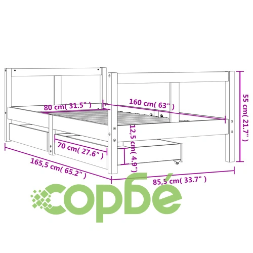 Рамка за детско легло с чекмеджета, бяла, 80x160 см, чам масив ➤ топ цена ➤ sorbe.bg