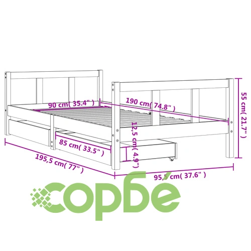 Детска рамка за легло с чекмеджета, черна, 90x190 см, бор масив ➤ топ цена ➤ sorbe.bg