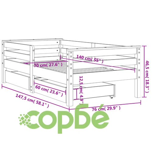 Рамка за детско легло с чекмеджета, 70x140 см, бор масив ➤ топ цена ➤ sorbe.bg