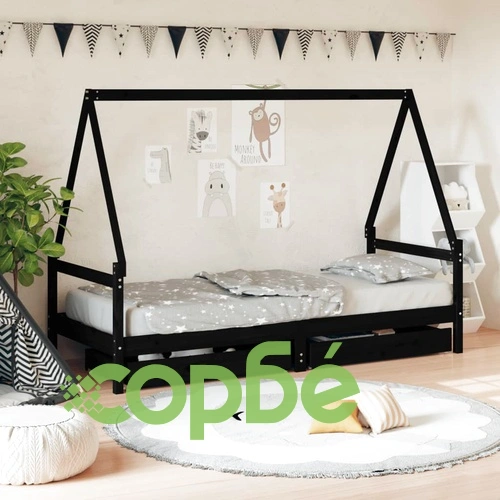Рамка за детско легло с чекмеджета черна 90x200 см бор масив ➤ топ цена ➤ sorbe.bg