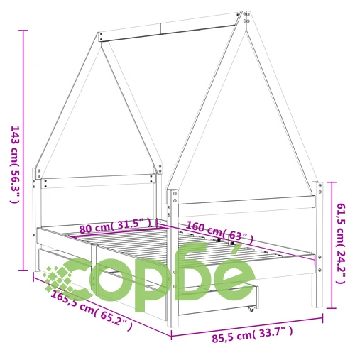 Рамка за детско легло с чекмеджета, черно, 80x160 см, чам масив ➤ топ цена ➤ sorbe.bg
