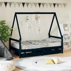 Рамка за детско легло с чекмеджета, черно, 80x160 см, чам масив