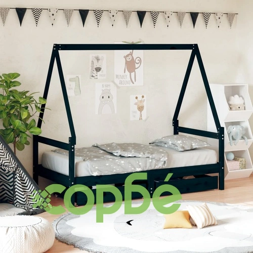 Рамка за детско легло с чекмеджета, черно, 80x160 см, чам масив ➤ топ цена ➤ sorbe.bg