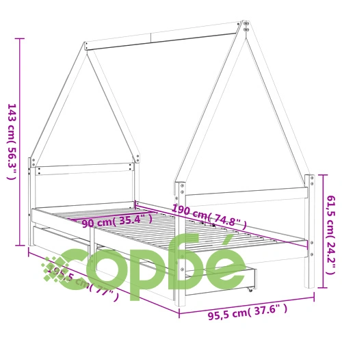 Детска рамка за легло с чекмеджета, бяла, 90x190 см, бор масив ➤ топ цена ➤ sorbe.bg