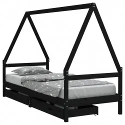 Детска рамка за легло с чекмеджета, черна, 90x190 см, бор масив