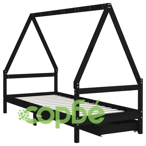 Детска рамка за легло с чекмеджета, черна, 90x190 см, бор масив ➤ топ цена ➤ sorbe.bg