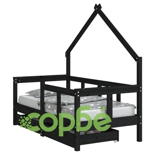Рамка за детско легло с чекмеджета, черна, 70x140 см, бор масив ➤ топ цена ➤ sorbe.bg