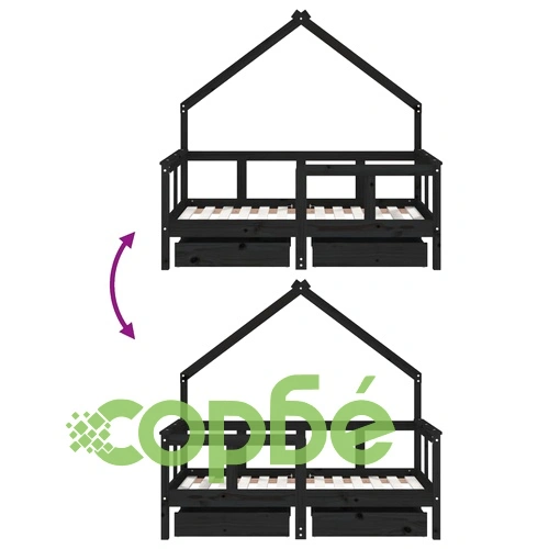 Рамка за детско легло с чекмеджета, черна, 70x140 см, бор масив ➤ топ цена ➤ sorbe.bg