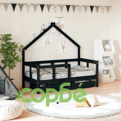 Рамка за детско легло с чекмеджета, черна, 70x140 см, бор масив ➤ топ цена ➤ sorbe.bg