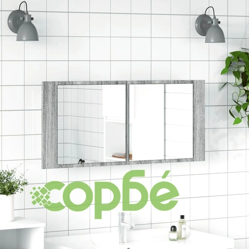 Шкаф с LED огледало за баня, сив сонома, 100x12x45 см ➤ топ цена ➤ sorbe.bg