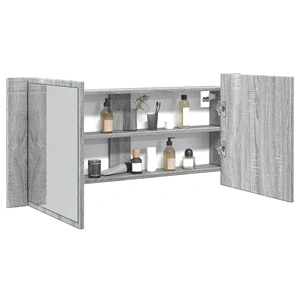 Шкаф с LED огледало за баня, сив сонома, 100x12x45 см