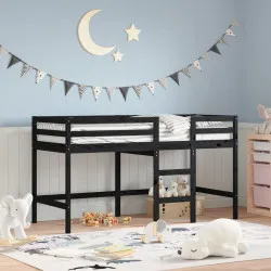 Детско високо легло със стълба, черно, 90x200 см, бор масив