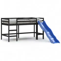 Детско високо легло с пързалка, черно, 90x190 см, бор масив