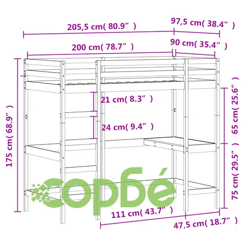 Таванско легло с бюро 90x200 см масивна дървесина бор ➤ топ цена ➤ sorbe.bg