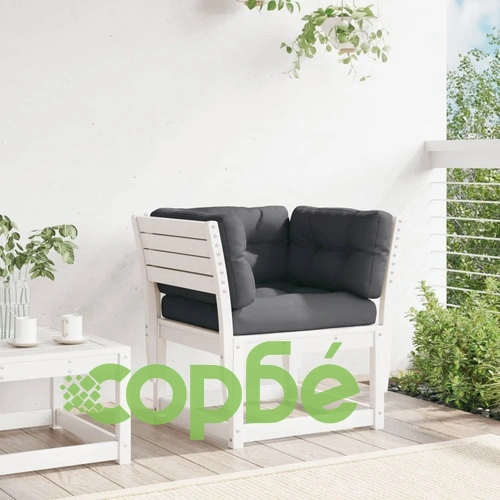 Градинско кресло с подлакътник, с възглавници, бял, бор масив ➤ топ цена ➤ sorbe.bg