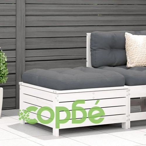 Градинска табуретка с възглавница, бяла, борова дървесина масив ➤ топ цена ➤ sorbe.bg