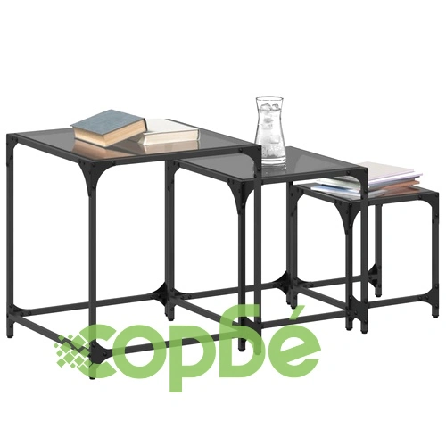 Стифиращи кафе маси, 3 бр, с черен стъклен плот, стомана ➤ топ цена ➤ sorbe.bg