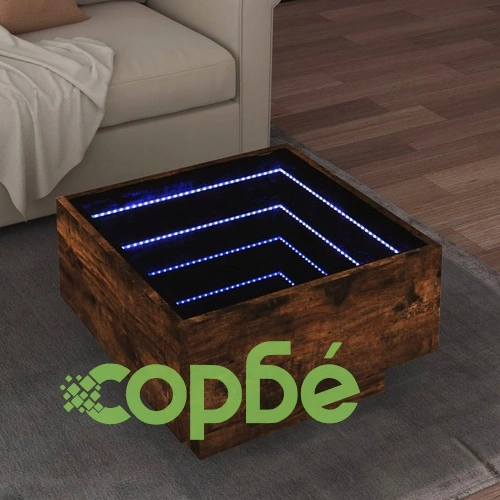 Маса за кафе с LED, опушен дъб, 50x50x30 см, инженерно дърво ➤ топ цена ➤ sorbe.bg